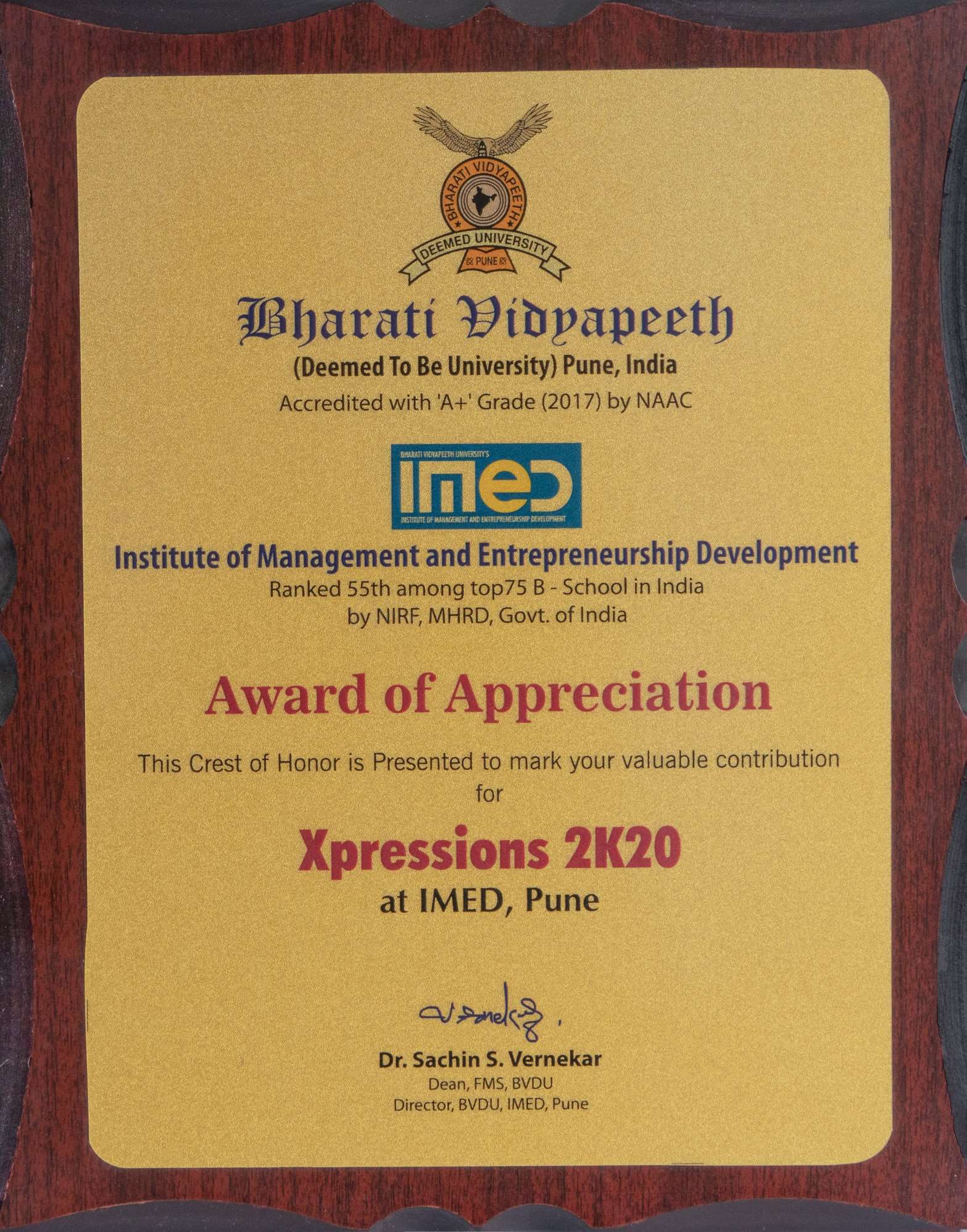Bharti vidyapeth univerisy pune at IMED - Award